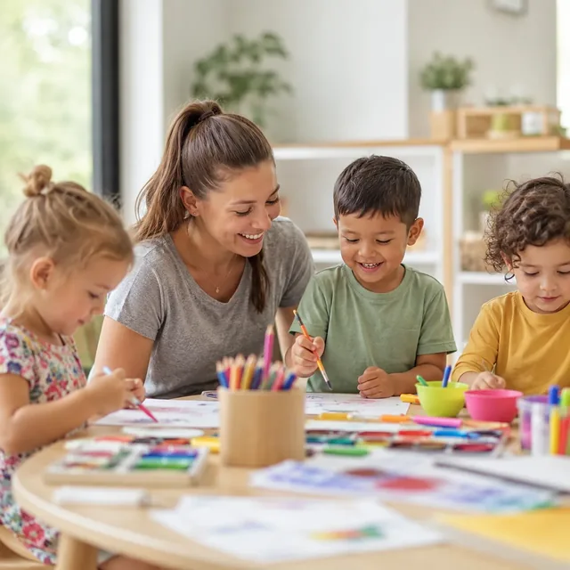 Teacher helping children paint together at a childcare centre